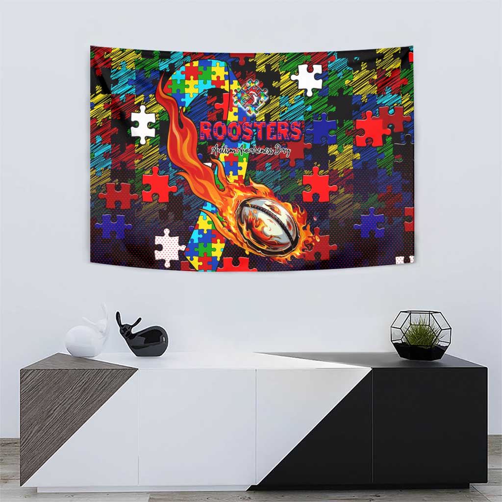 Roosters Autism Awareness Tapestry Puzzle Flames Rugby Ball
