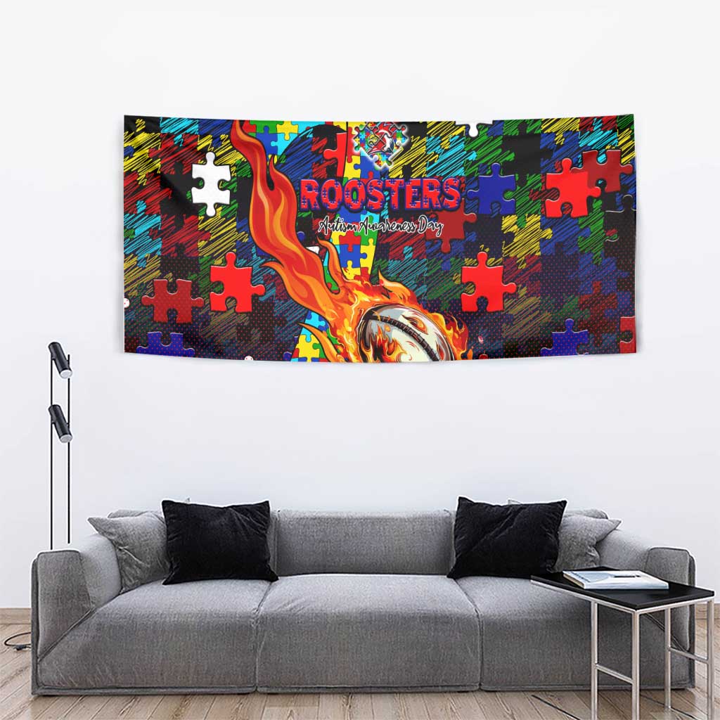 Roosters Autism Awareness Tapestry Puzzle Flames Rugby Ball