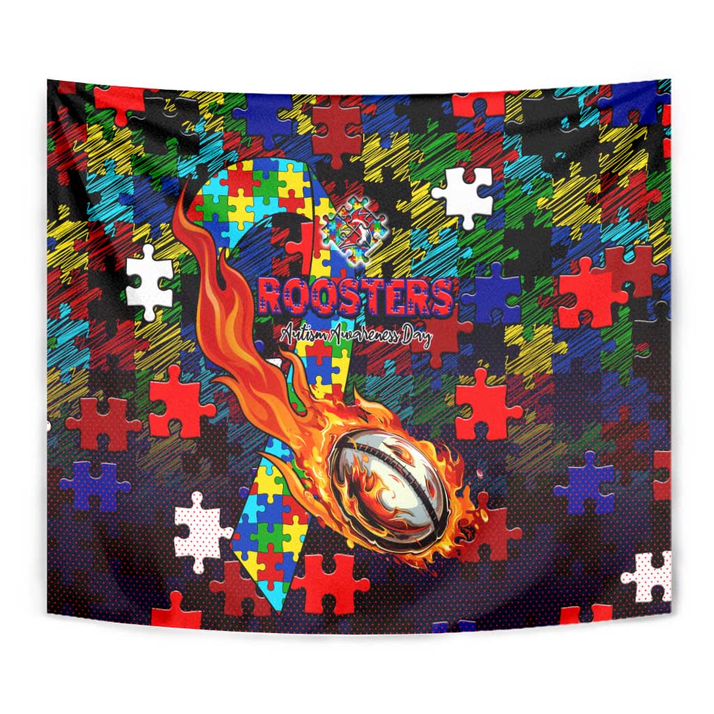 Roosters Autism Awareness Tapestry Puzzle Flames Rugby Ball