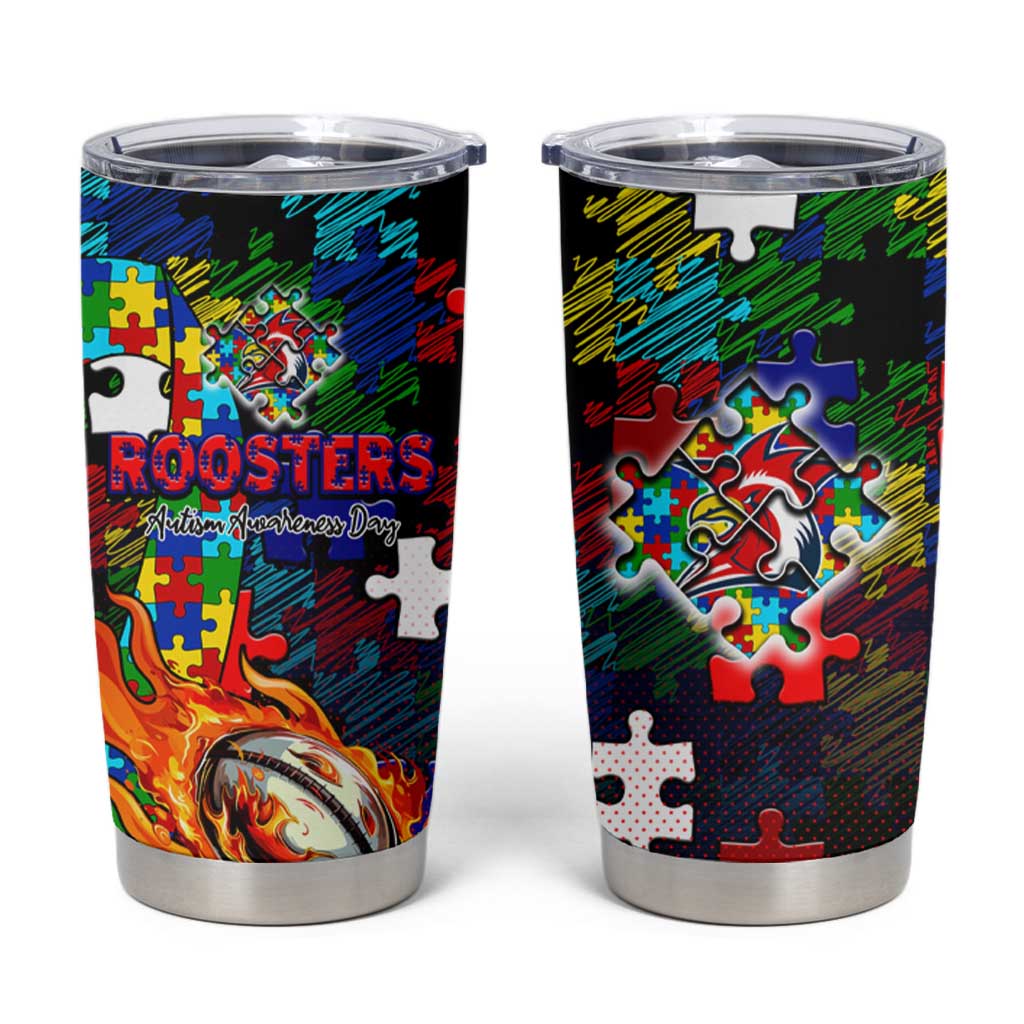 Roosters Autism Awareness Tumbler Cup Puzzle Flames Rugby Ball