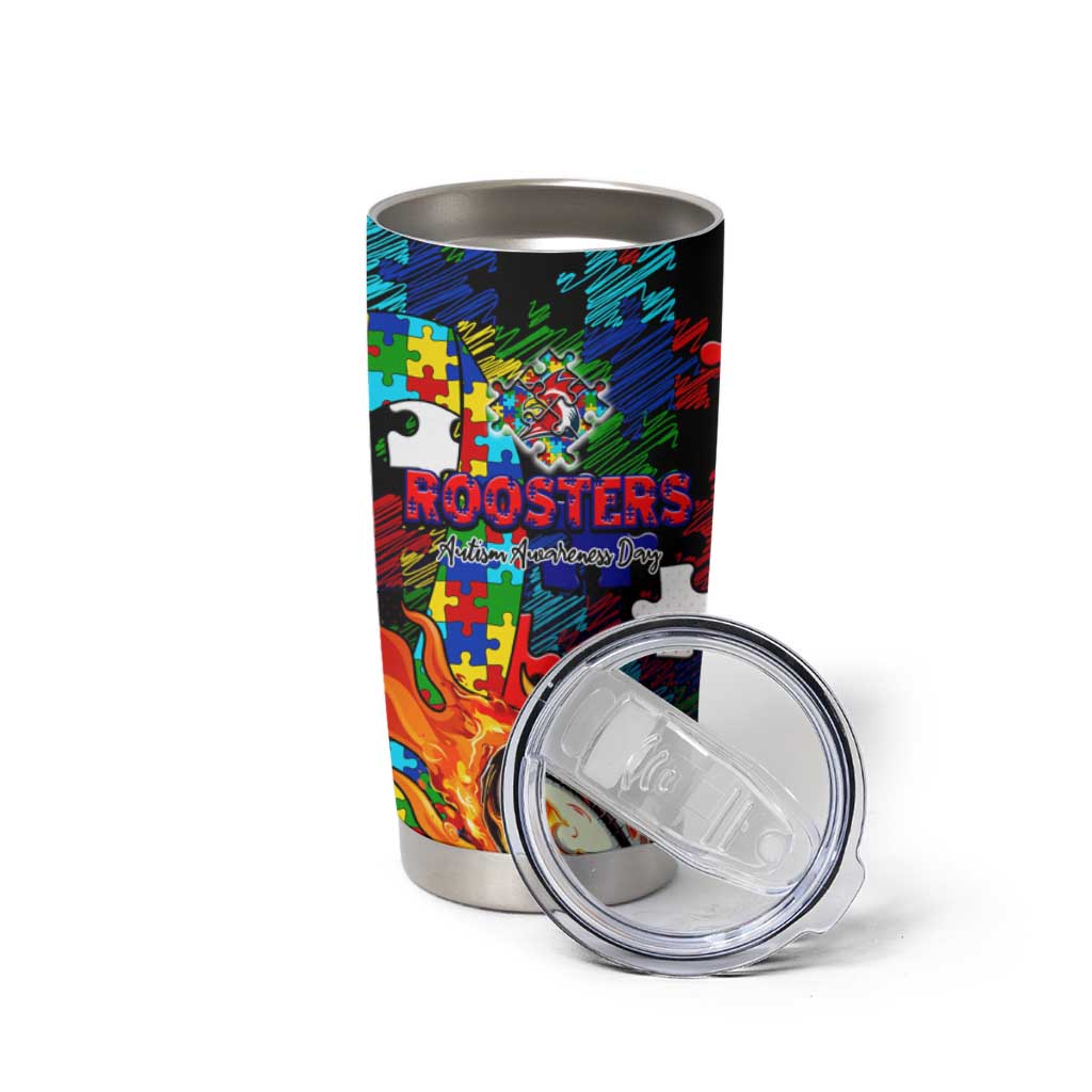 Roosters Autism Awareness Tumbler Cup Puzzle Flames Rugby Ball