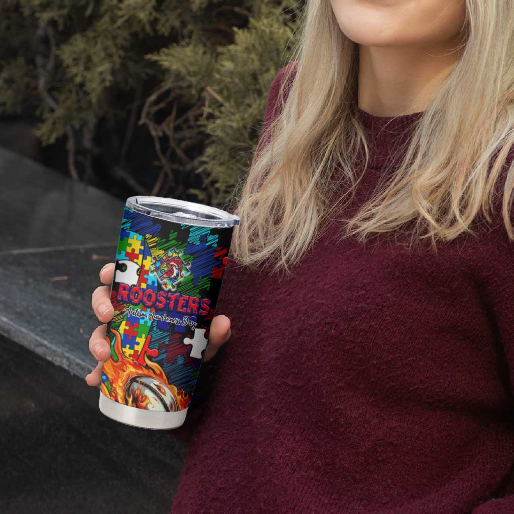 Roosters Autism Awareness Tumbler Cup Puzzle Flames Rugby Ball