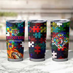 Roosters Autism Awareness Tumbler Cup Puzzle Flames Rugby Ball