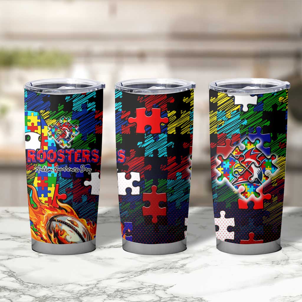Roosters Autism Awareness Tumbler Cup Puzzle Flames Rugby Ball