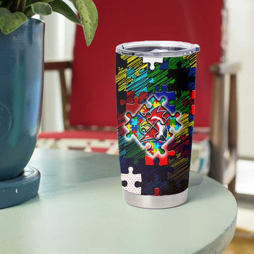 Roosters Autism Awareness Tumbler Cup Puzzle Flames Rugby Ball