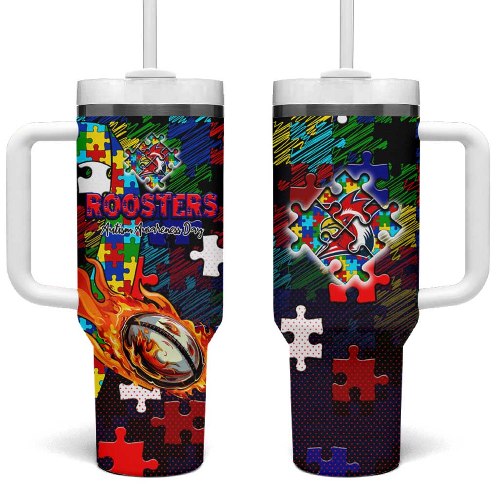 Roosters Autism Awareness Tumbler With Handle Puzzle Flames Rugby Ball