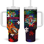 Roosters Autism Awareness Tumbler With Handle Puzzle Flames Rugby Ball