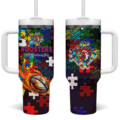 Roosters Autism Awareness Tumbler With Handle Puzzle Flames Rugby Ball