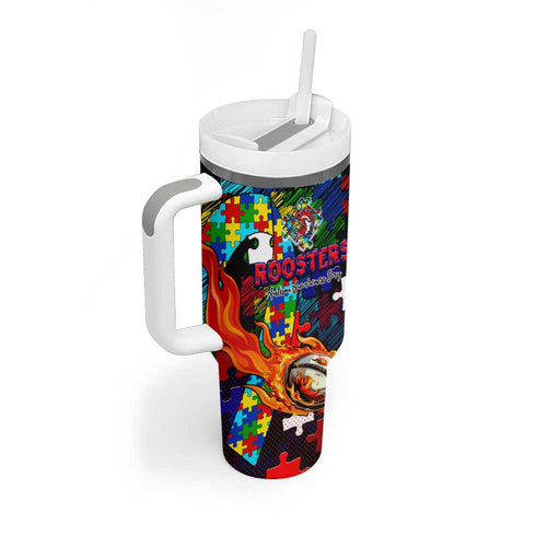Roosters Autism Awareness Tumbler With Handle Puzzle Flames Rugby Ball
