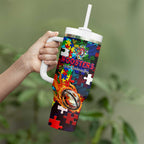 Roosters Autism Awareness Tumbler With Handle Puzzle Flames Rugby Ball