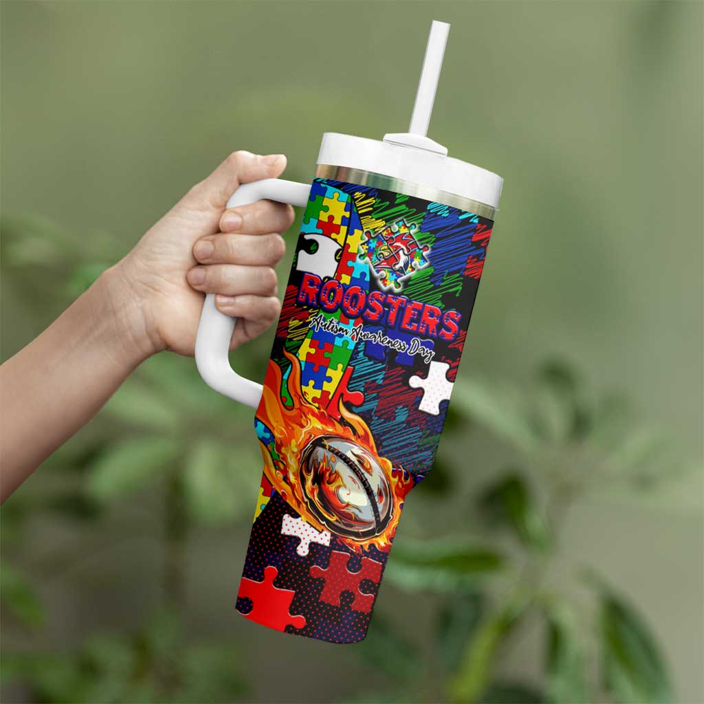 Roosters Autism Awareness Tumbler With Handle Puzzle Flames Rugby Ball