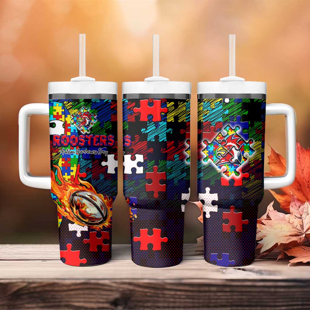 Roosters Autism Awareness Tumbler With Handle Puzzle Flames Rugby Ball