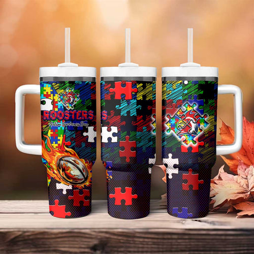 Roosters Autism Awareness Tumbler With Handle Puzzle Flames Rugby Ball