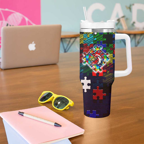 Roosters Autism Awareness Tumbler With Handle Puzzle Flames Rugby Ball