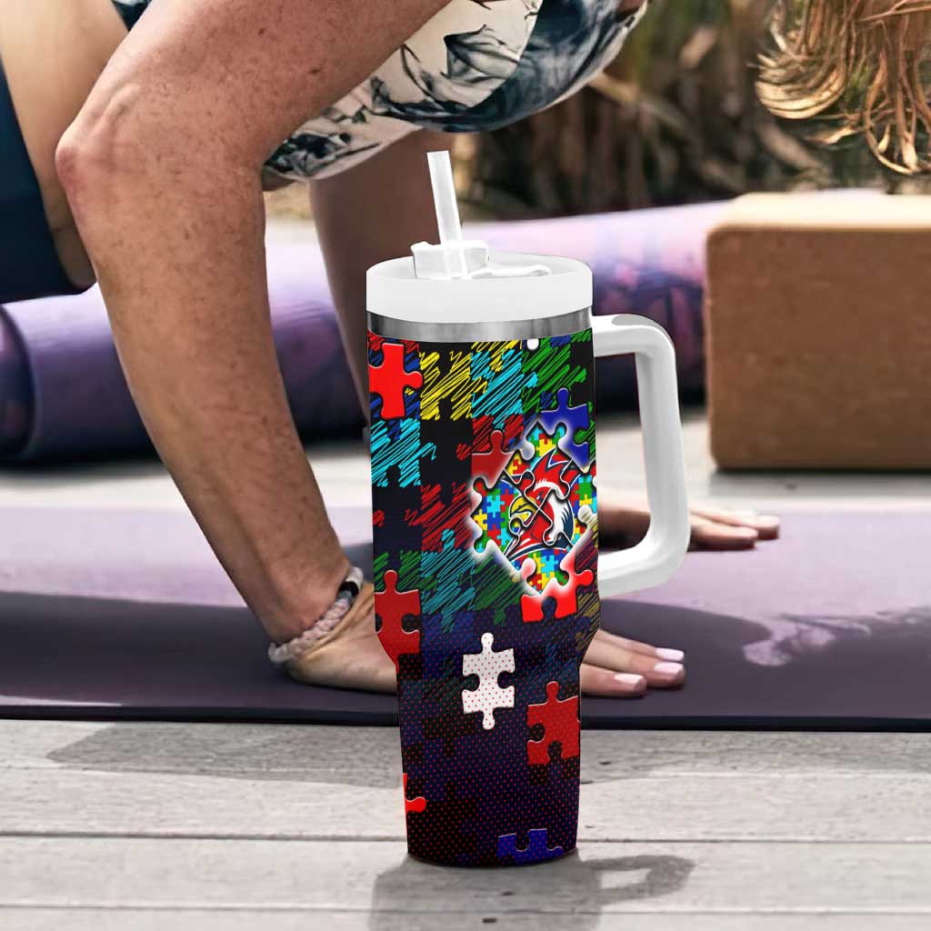 Roosters Autism Awareness Tumbler With Handle Puzzle Flames Rugby Ball
