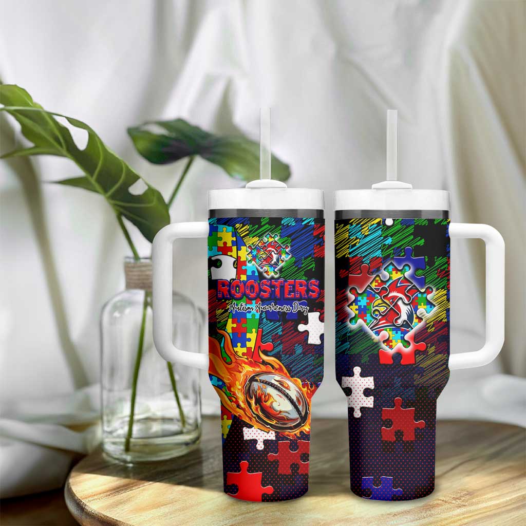 Roosters Autism Awareness Tumbler With Handle Puzzle Flames Rugby Ball