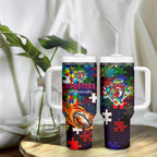 Roosters Autism Awareness Tumbler With Handle Puzzle Flames Rugby Ball
