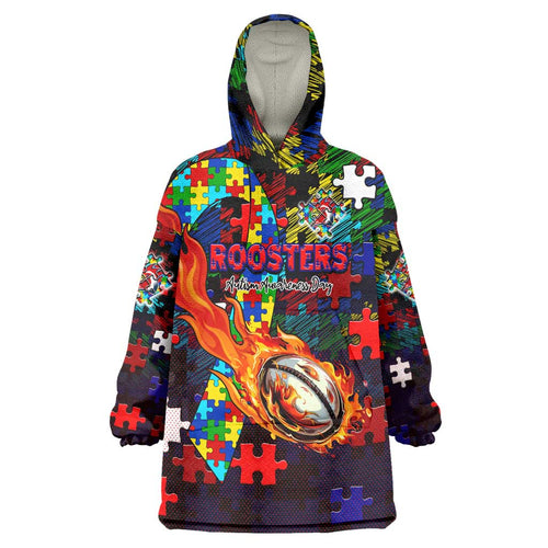 Roosters Autism Awareness Wearable Blanket Hoodie Puzzle Flames Rugby Ball
