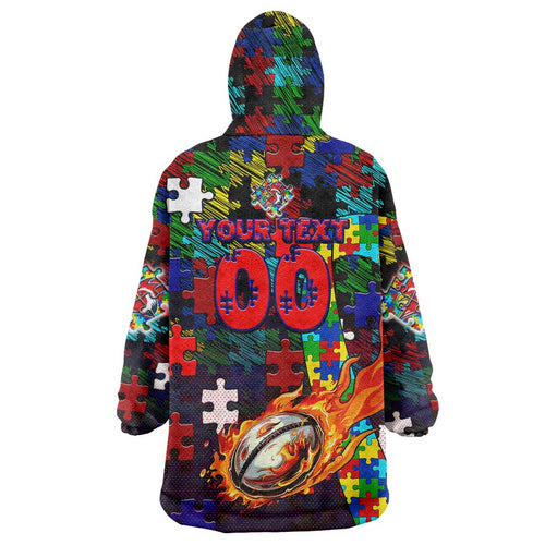 Roosters Autism Awareness Wearable Blanket Hoodie Puzzle Flames Rugby Ball