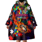 Roosters Autism Awareness Wearable Blanket Hoodie Puzzle Flames Rugby Ball