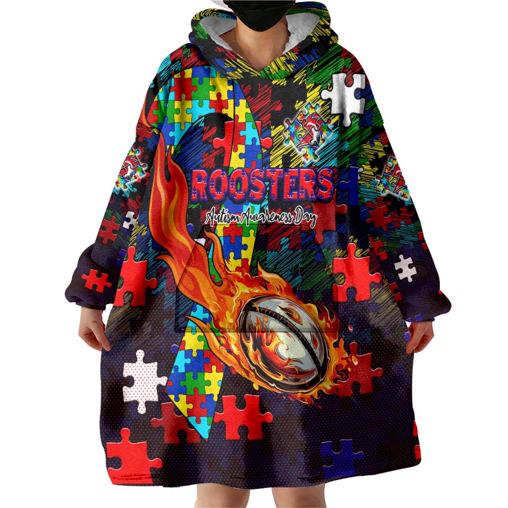 Roosters Autism Awareness Wearable Blanket Hoodie Puzzle Flames Rugby Ball