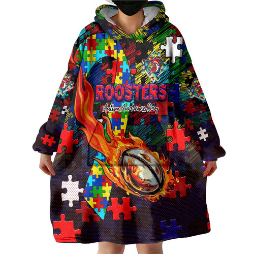 Roosters Autism Awareness Wearable Blanket Hoodie Puzzle Flames Rugby Ball