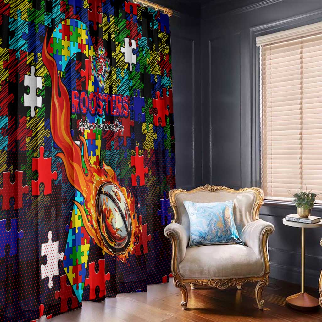 Roosters Autism Awareness Window Curtain Puzzle Flames Rugby Ball