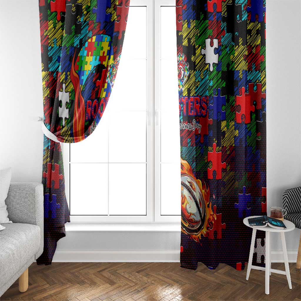Roosters Autism Awareness Window Curtain Puzzle Flames Rugby Ball