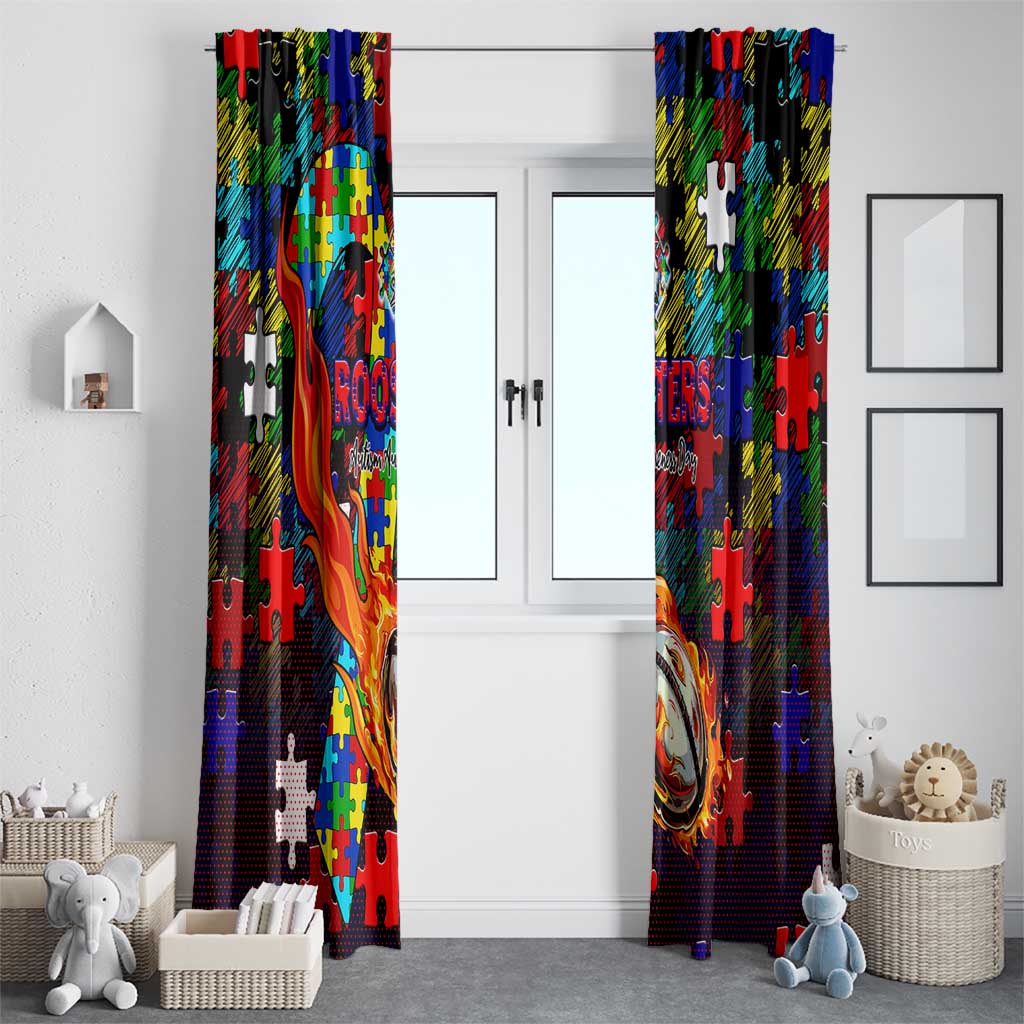Roosters Autism Awareness Window Curtain Puzzle Flames Rugby Ball