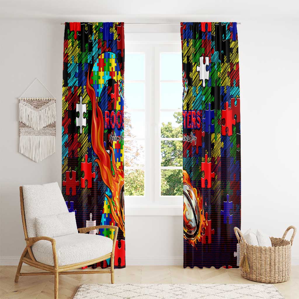 Roosters Autism Awareness Window Curtain Puzzle Flames Rugby Ball