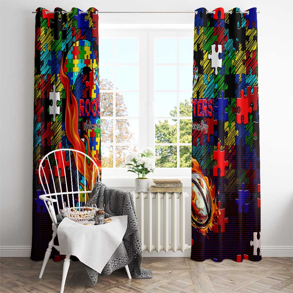 Roosters Autism Awareness Window Curtain Puzzle Flames Rugby Ball