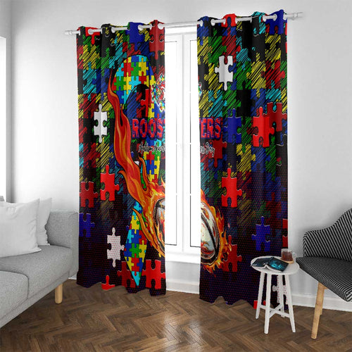 Roosters Autism Awareness Window Curtain Puzzle Flames Rugby Ball