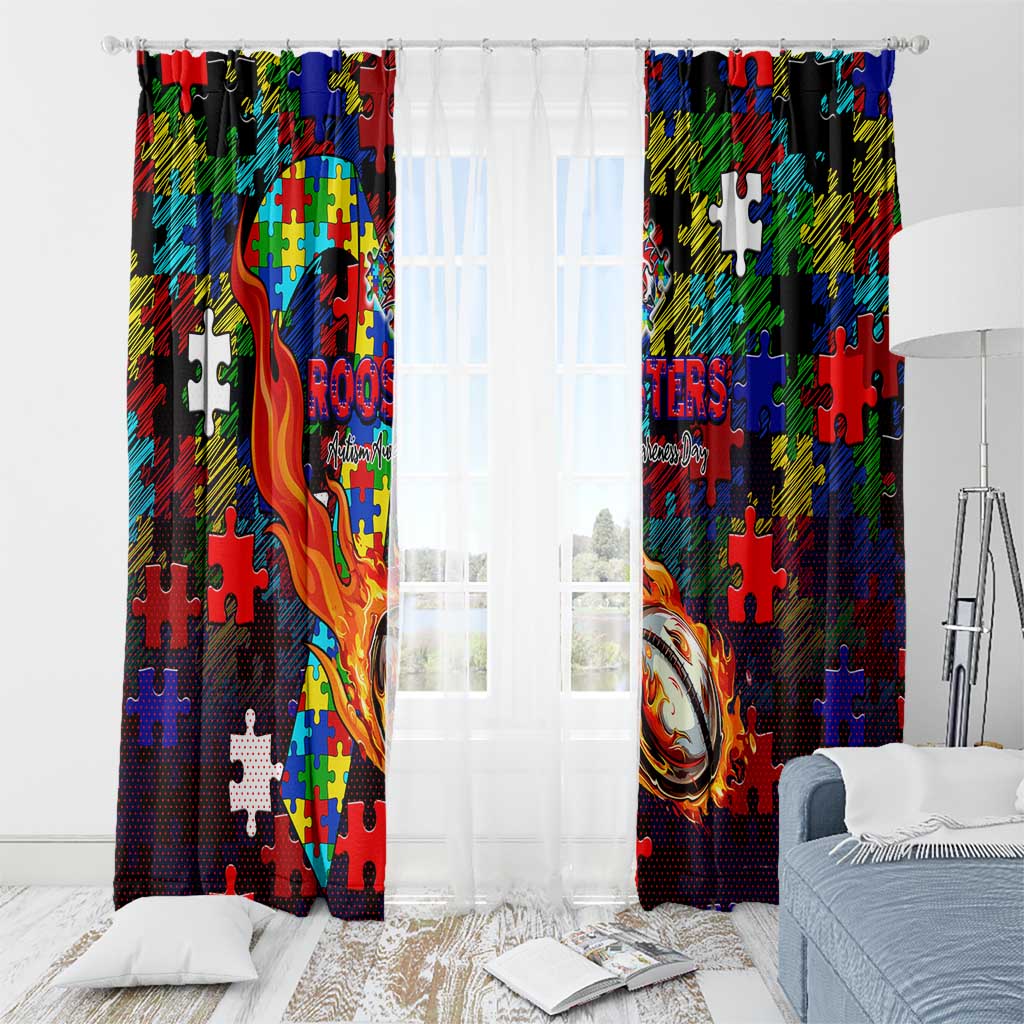 Roosters Autism Awareness Window Curtain Puzzle Flames Rugby Ball
