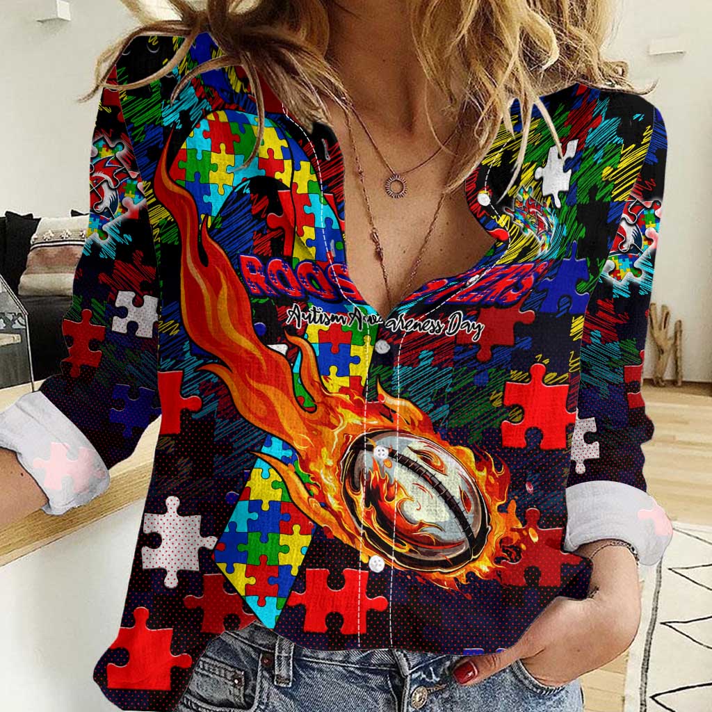 Roosters Autism Awareness Women Casual Shirt Puzzle Flames Rugby Ball