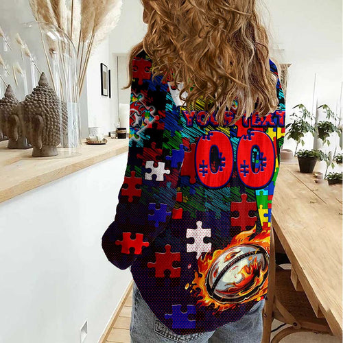 Roosters Autism Awareness Women Casual Shirt Puzzle Flames Rugby Ball