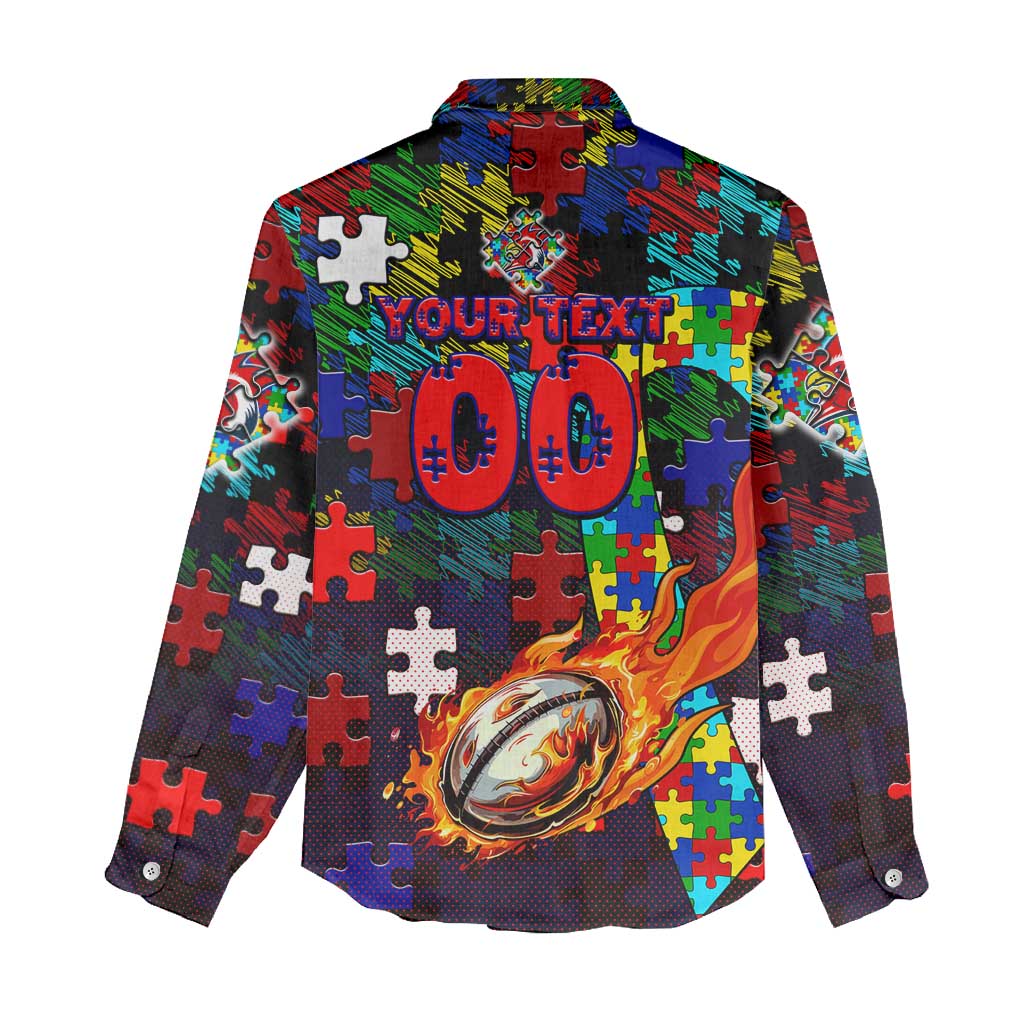 Roosters Autism Awareness Women Casual Shirt Puzzle Flames Rugby Ball