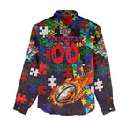 Roosters Autism Awareness Women Casual Shirt Puzzle Flames Rugby Ball