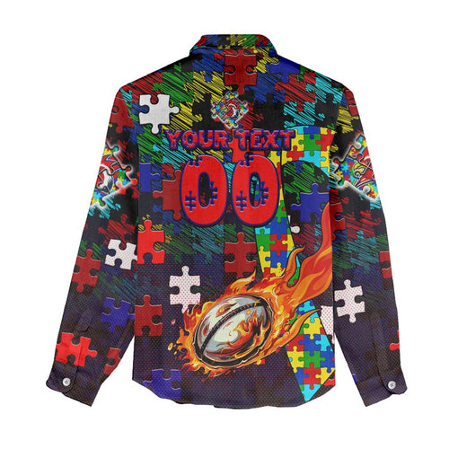 Roosters Autism Awareness Women Casual Shirt Puzzle Flames Rugby Ball