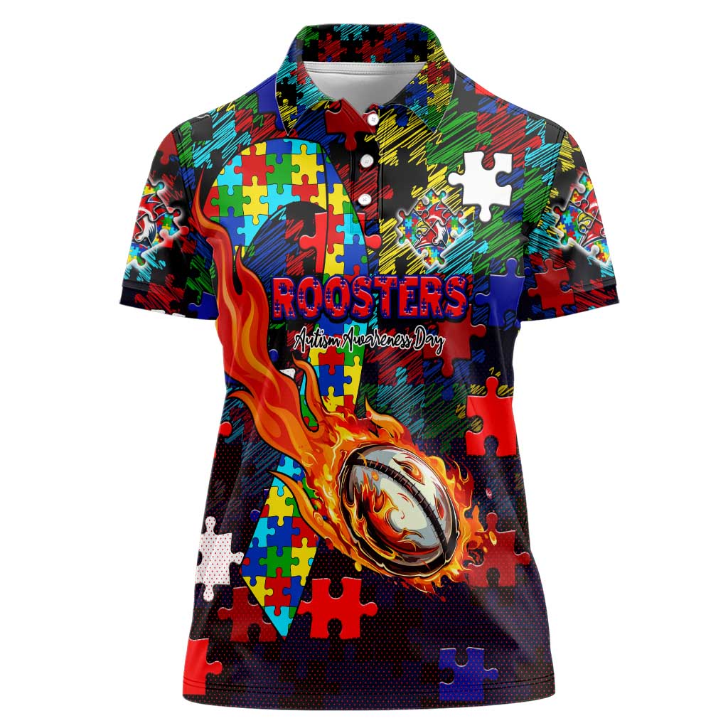Roosters Autism Awareness Women Polo Shirt Puzzle Flames Rugby Ball