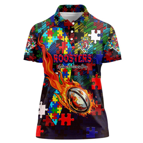 Roosters Autism Awareness Women Polo Shirt Puzzle Flames Rugby Ball