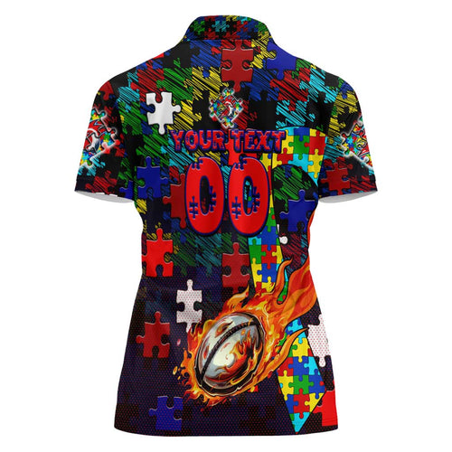 Roosters Autism Awareness Women Polo Shirt Puzzle Flames Rugby Ball