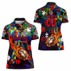 Roosters Autism Awareness Women Polo Shirt Puzzle Flames Rugby Ball
