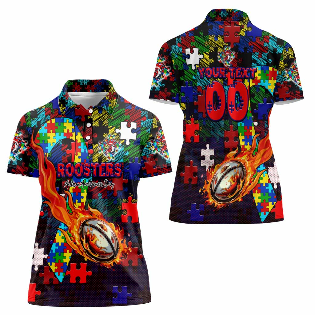 Roosters Autism Awareness Women Polo Shirt Puzzle Flames Rugby Ball