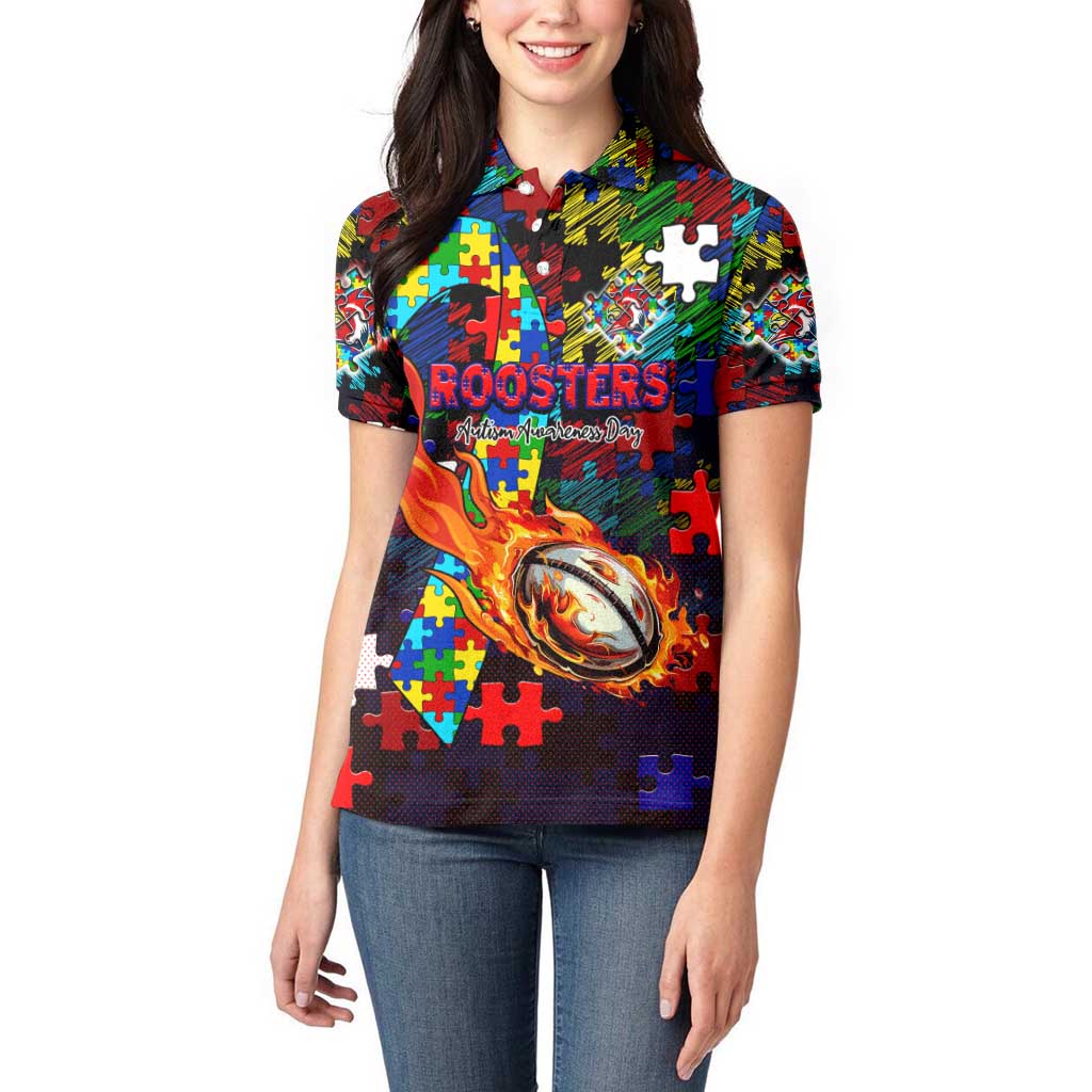 Roosters Autism Awareness Women Polo Shirt Puzzle Flames Rugby Ball