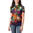Roosters Autism Awareness Women Polo Shirt Puzzle Flames Rugby Ball
