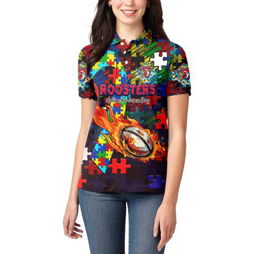 Roosters Autism Awareness Women Polo Shirt Puzzle Flames Rugby Ball