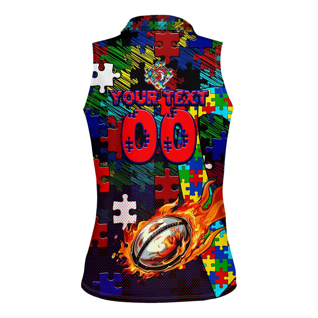 Roosters Autism Awareness Women Sleeveless Polo Shirt Puzzle Flames Rugby Ball