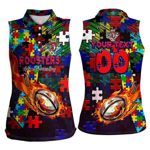 Roosters Autism Awareness Women Sleeveless Polo Shirt Puzzle Flames Rugby Ball