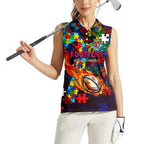 Roosters Autism Awareness Women Sleeveless Polo Shirt Puzzle Flames Rugby Ball