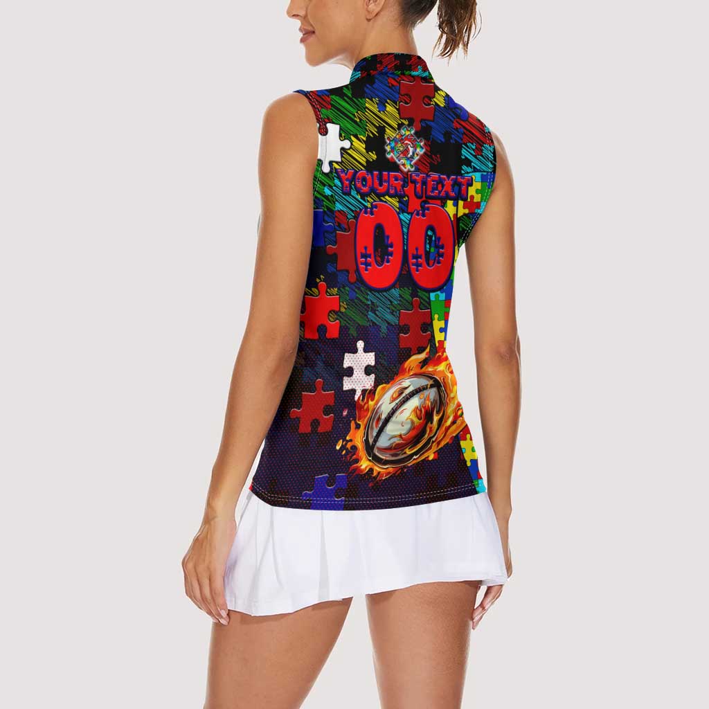 Roosters Autism Awareness Women Sleeveless Polo Shirt Puzzle Flames Rugby Ball